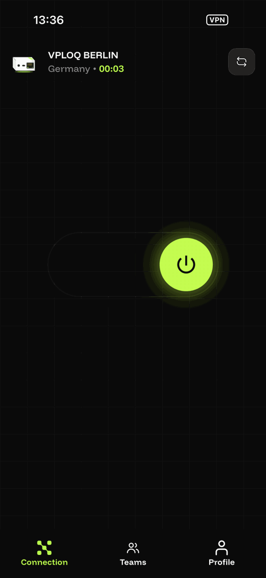 vploq app, connected to VPLOQ BERLIN, the switch is on