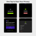 Screenshots of a privacy-focused application interface with text 'One Tap to Own Your Privacy'.