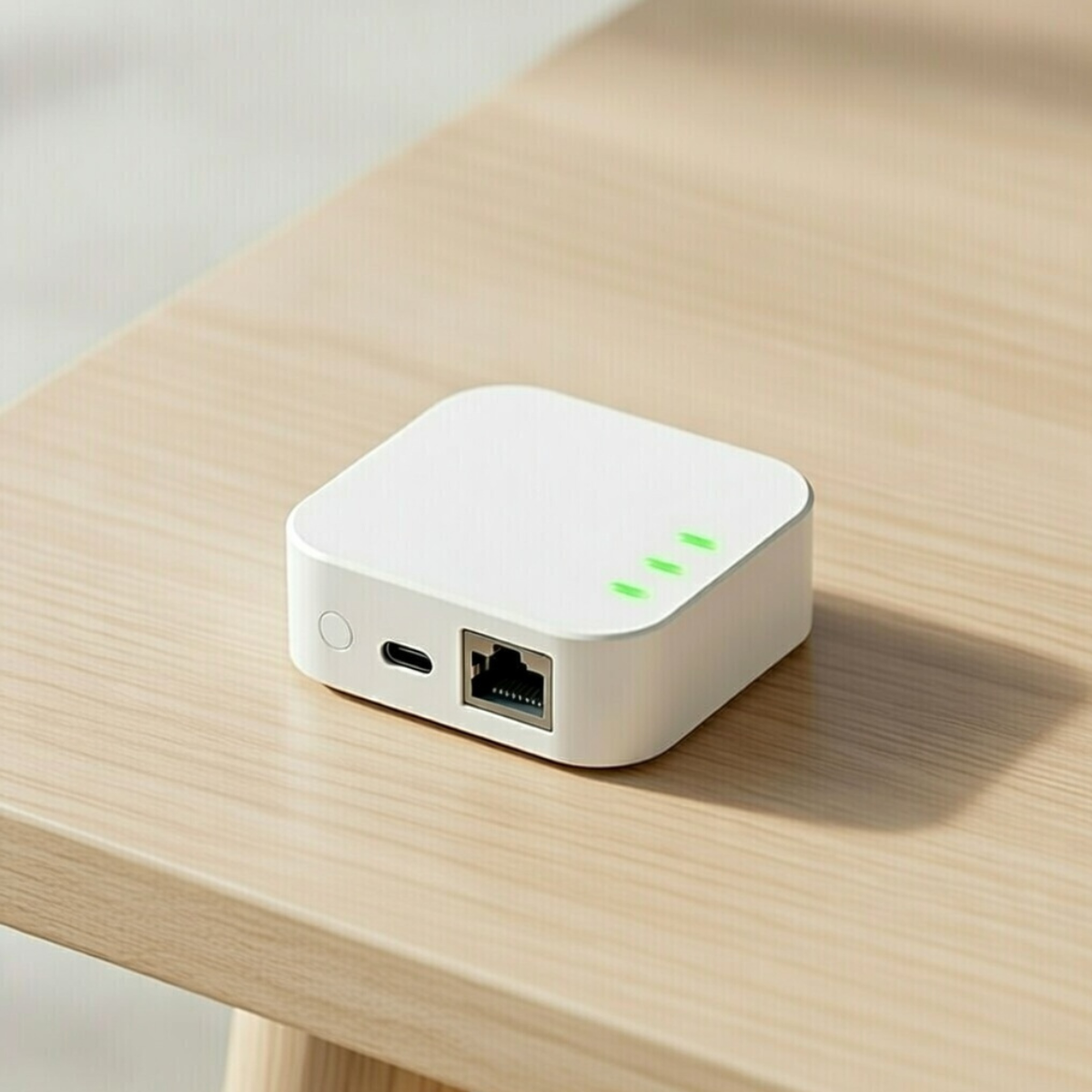 Small white device with Ethernet port on a wooden surface