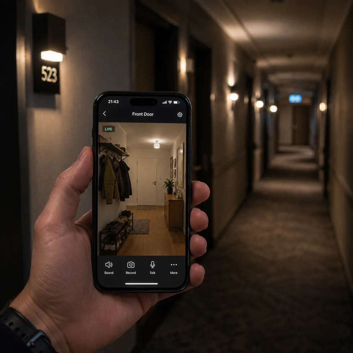 A hand holds a smartphone showing a front door security camera feed in a dimly lit hotel hallway. The phone screen displays a live video of an apartment entrance, with the hallway in the background featuring wall-mounted lights and room numbers.