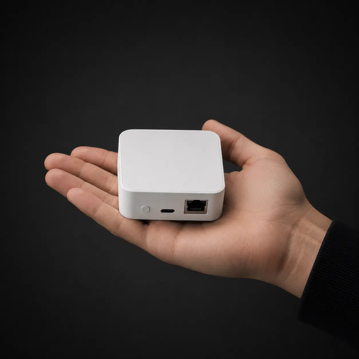 A small white square electronic device with an RJ45 Ethernet port and a USB-C port, held in the palm of a hand against a dark background.
