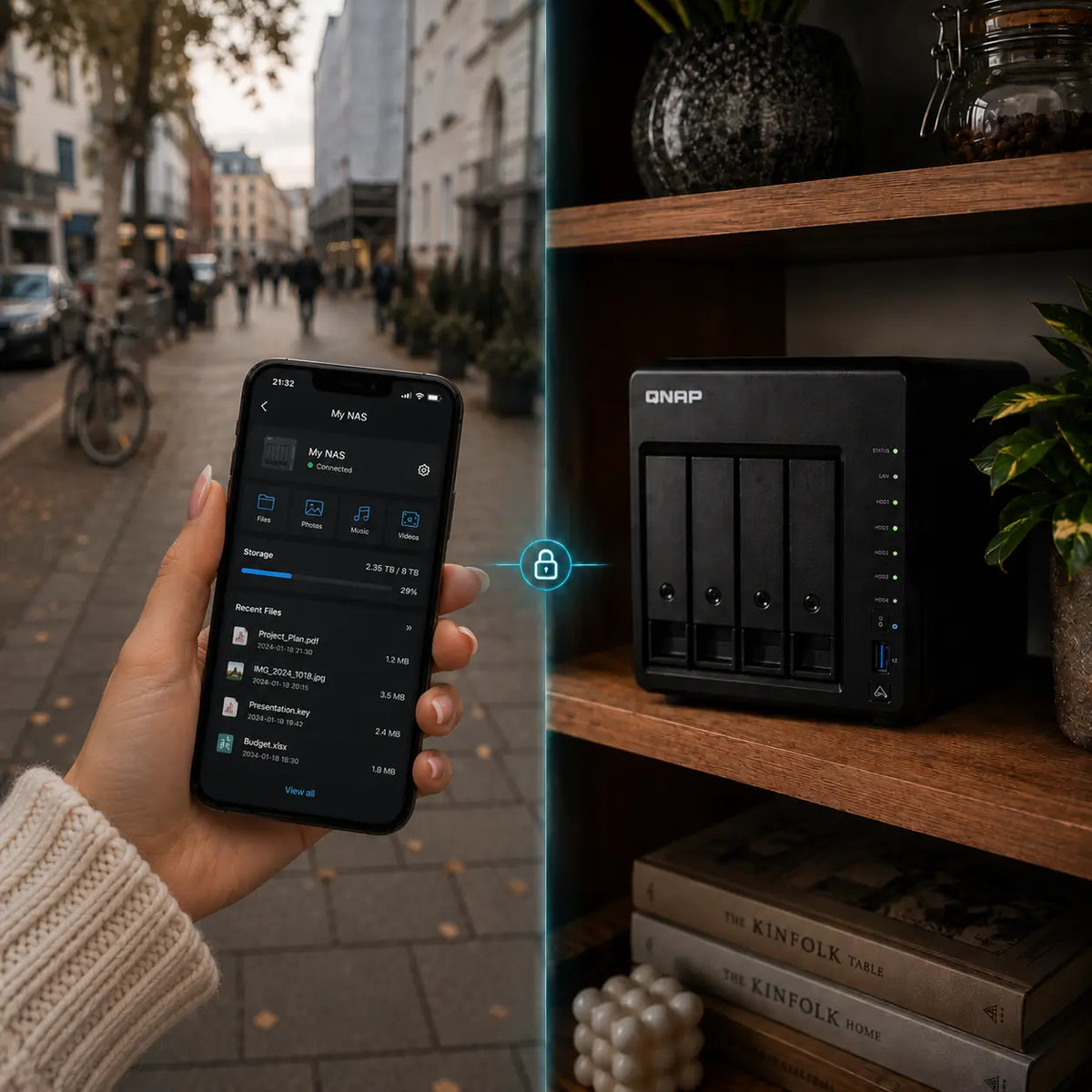 A hand holds a smartphone showing a cloud backup app interface, with a blue lock icon connecting it to a black ONAP network storage device on a wooden shelf in a home setting.