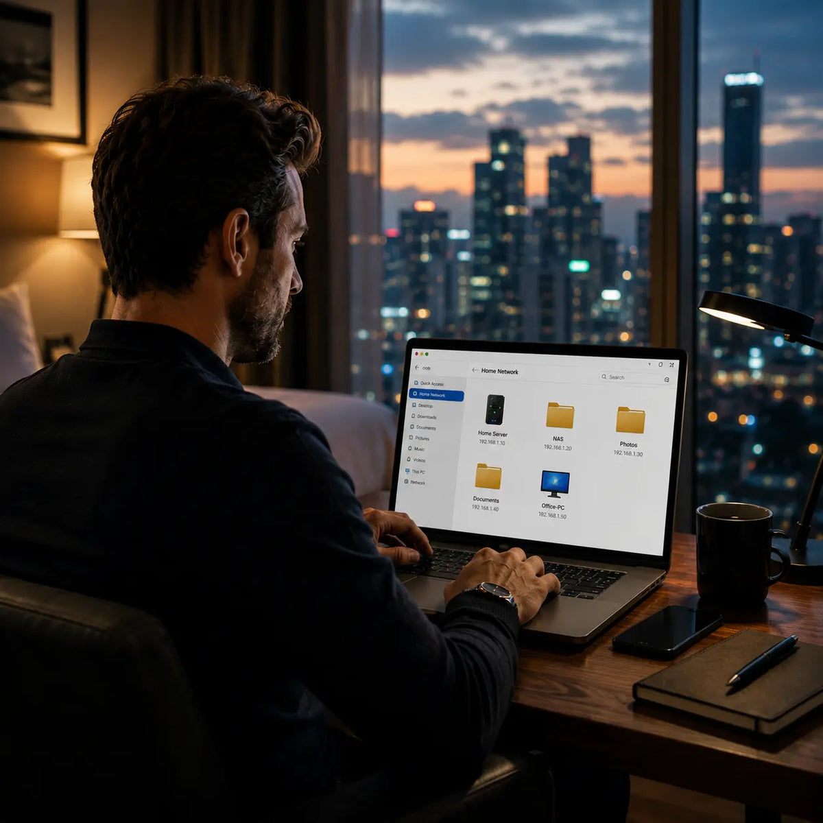 A man sits at a desk in a dimly lit room, viewed from behind, working on a laptop computer displaying a file explorer. The room has a warm lamp on the left, a desk lamp on the right, and a large window behind him showing a city skyline at dusk.