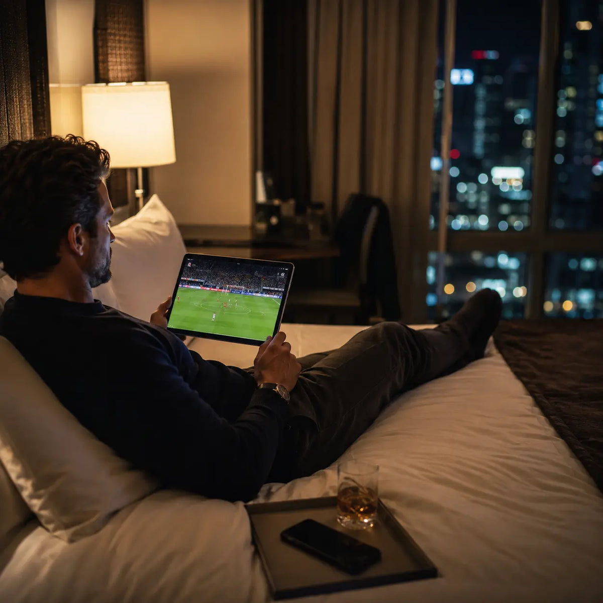 A man relaxes on a bed in a dimly lit hotel room at night, holding a tablet that displays a soccer game. A glass of whiskey and a smartphone rest on a tray table beside him, with a city skyline visible in the background through the window.