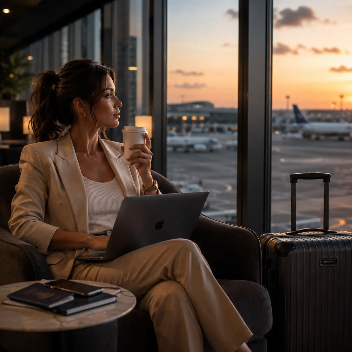 A woman in a beige blazer and matching trousers sits in a lounge chair by a window at an airport, holding a takeaway coffee cup and working on a laptop. A hard-shell suitcase stands beside her, with planes and a sunset visible outside.